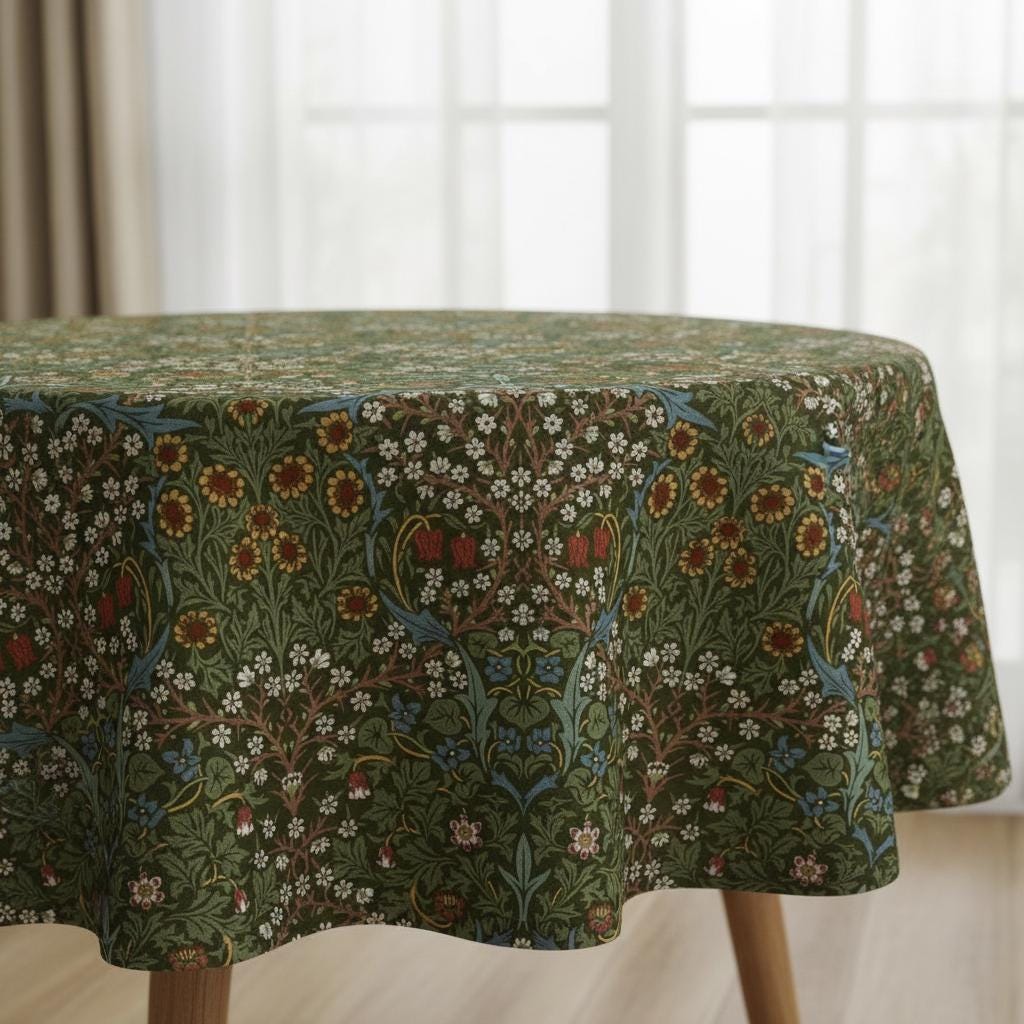 William Morris Blackthorne Tablecloth Forest Green , Round Oval Rectangle , Handmade UK