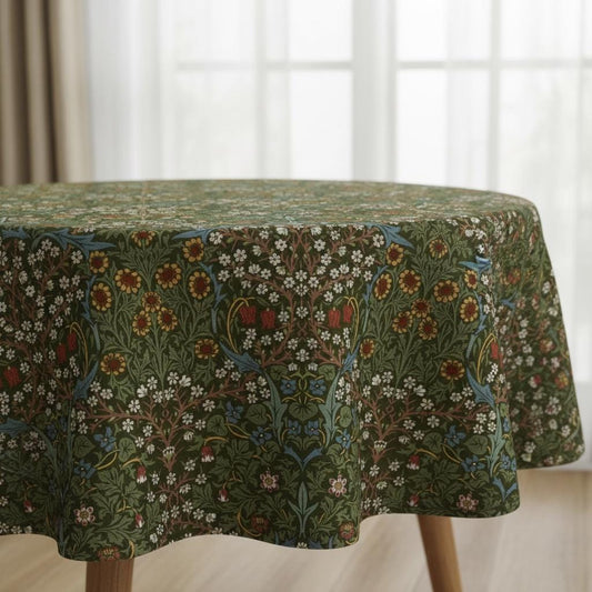 William Morris Blackthorne Tablecloth Forest Green , Round Oval Rectangle , Handmade UK