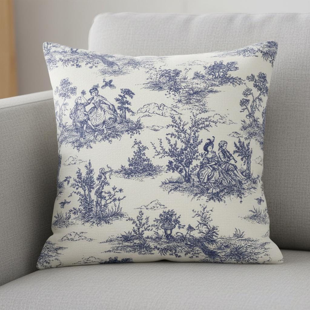 Blue Toile De Jouy Cushion Cover , Vintage French Style Throw Pillow