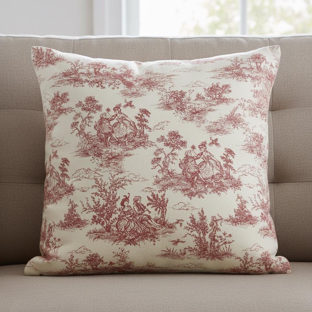 Red Toile De Jouy Cushion Cover, Vintage French Style Throw Pillow