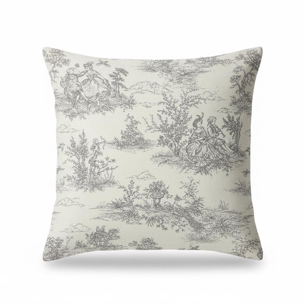 Grey Toile De Jouy Cushion Cover , Vintage French Style Throw Pillow