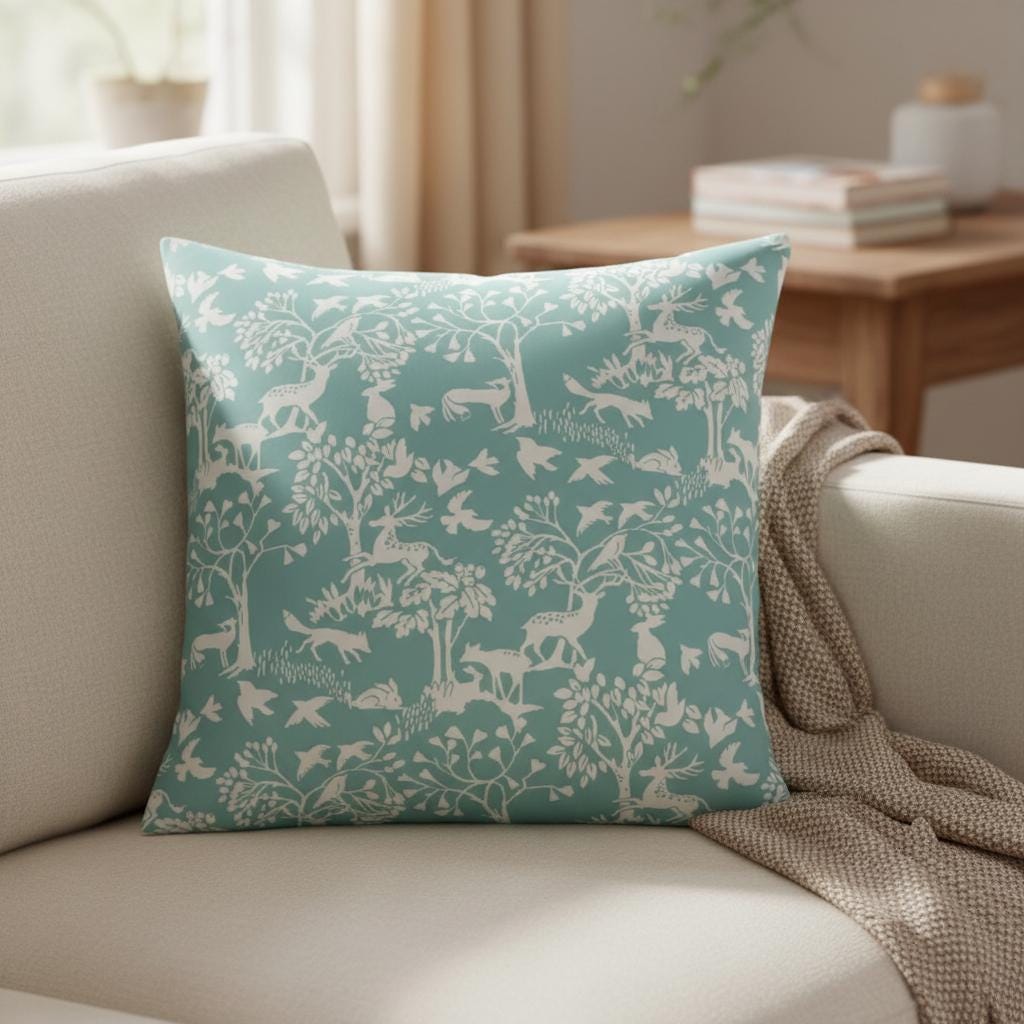 Woodland Deer Cushion Cover , Vilda Ice Blue Throw Pillow , Handmade UK