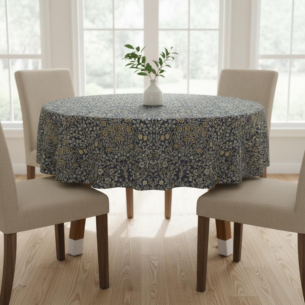 William Morris Coated Tablecloth Blackthorne River , Water Resistant Teflon Coated , Round Oval Rectangle Table Cloth