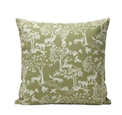 Woodland Deer Cushion Cover , Vilda Sage Green Throw Pillow , Handmade UK
