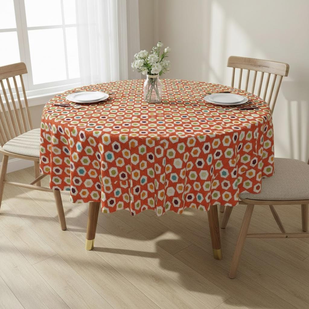 Vibrant Retro Hexagon Geometric Pattern Tablecloth , Round Oval Rectangle