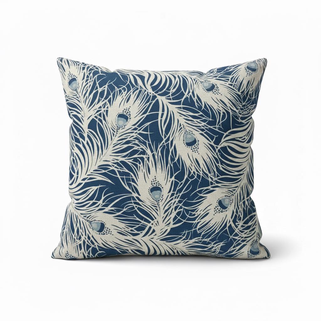 Peacock Feather Navy Blue Cushion Cover, Handmade Cotton Throw Pillow