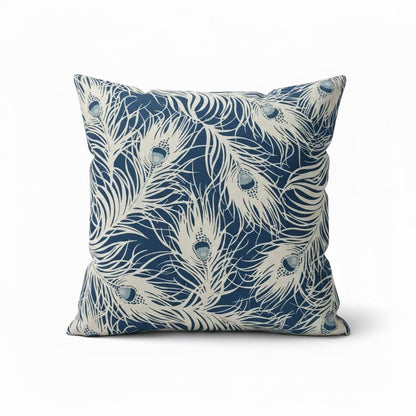 Peacock Feather Navy Blue Cushion Cover, Handmade Cotton Throw Pillow