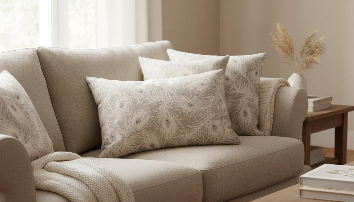 Peacock Feather Natural Cushion Cover, Handmade Cotton Throw Pillow
