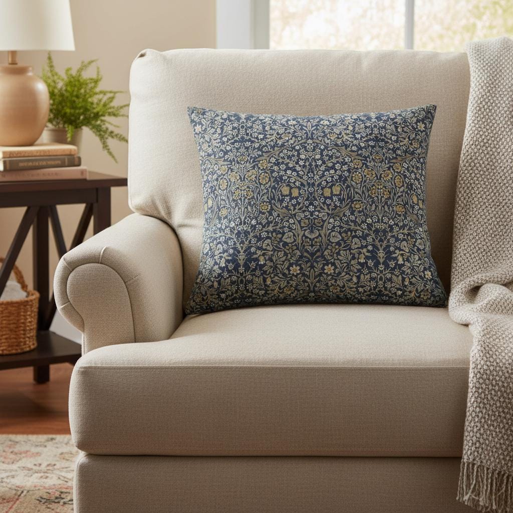 William Morris Blackthorne Floral River Blue Cushion Cover , Cotton Throw Pillow , Handmade UK