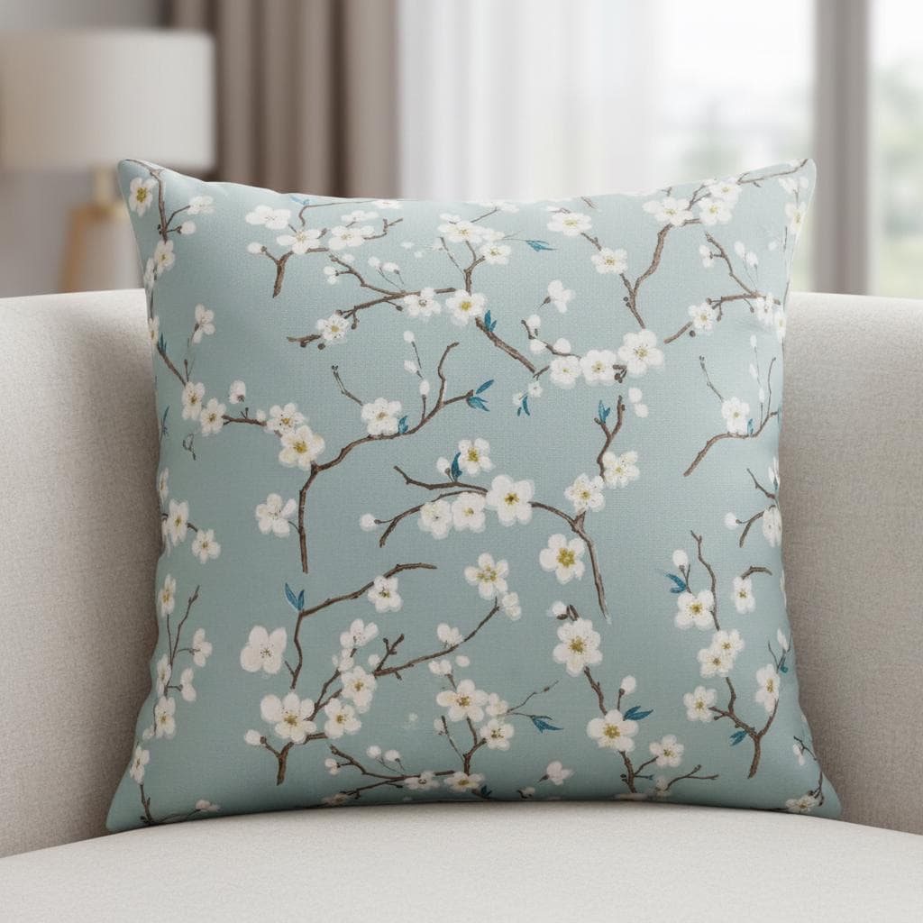 Japanese Cherry Blossom Floral Cushion Cover , Marine Blue Floral Throw Pillow