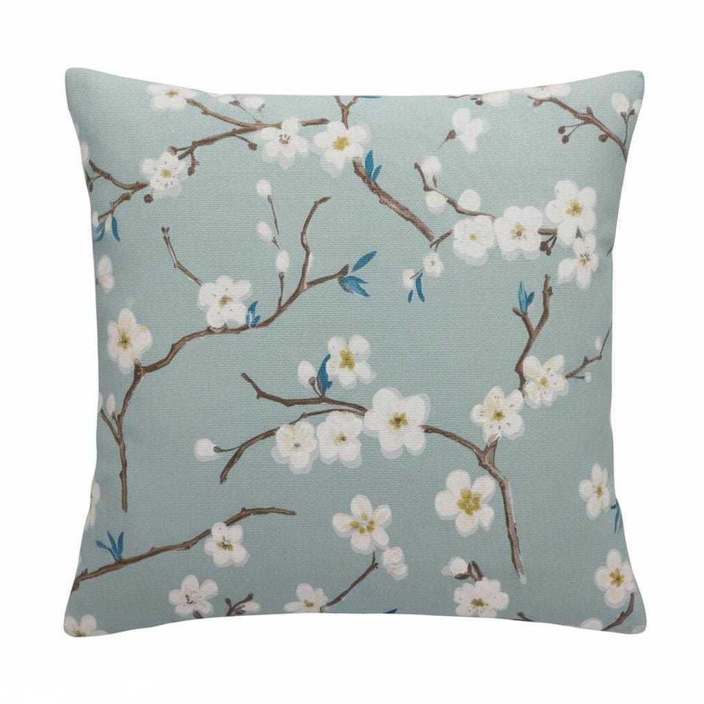 Japanese Cherry Blossom Floral Cushion Cover , Marine Blue Floral Throw Pillow