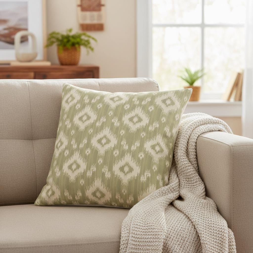 Ikat Geometric Diamond Green Cushion Cover, Handmade