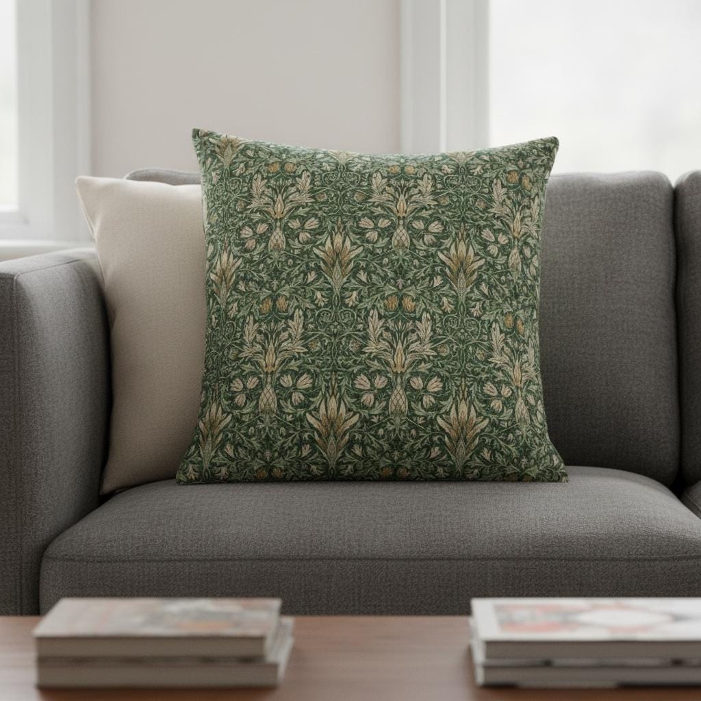 William Morris Snakeshead Forest Green Cushion Cover , Floral Throw Pillow , Handmade UK