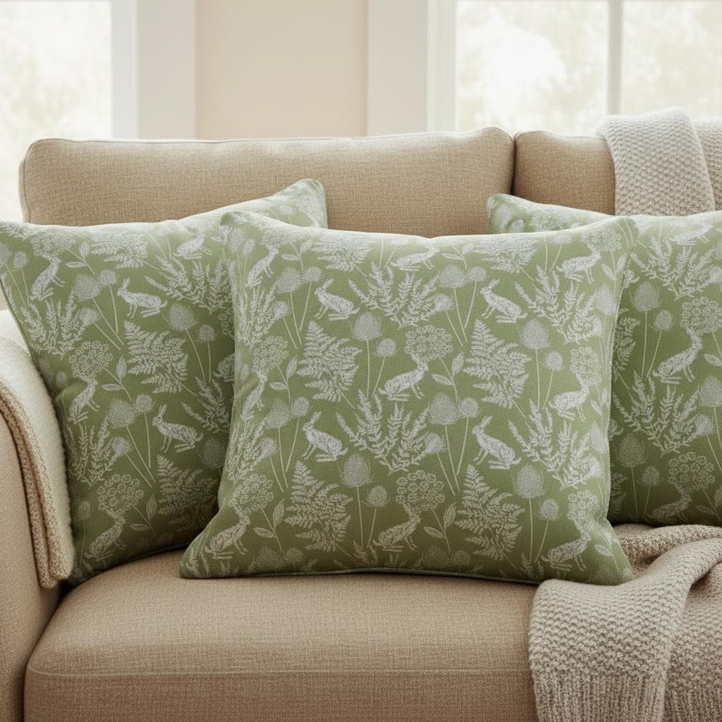 Kielder Hare Rabbit Sage Green Cushion Cover