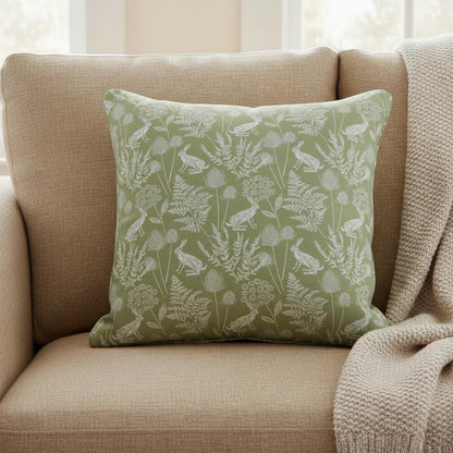 Kielder Hare Rabbit Sage Green Cushion Cover