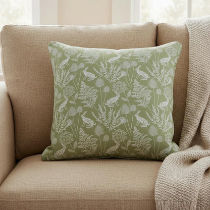 Kielder Hare Rabbit Sage Green Cushion Cover