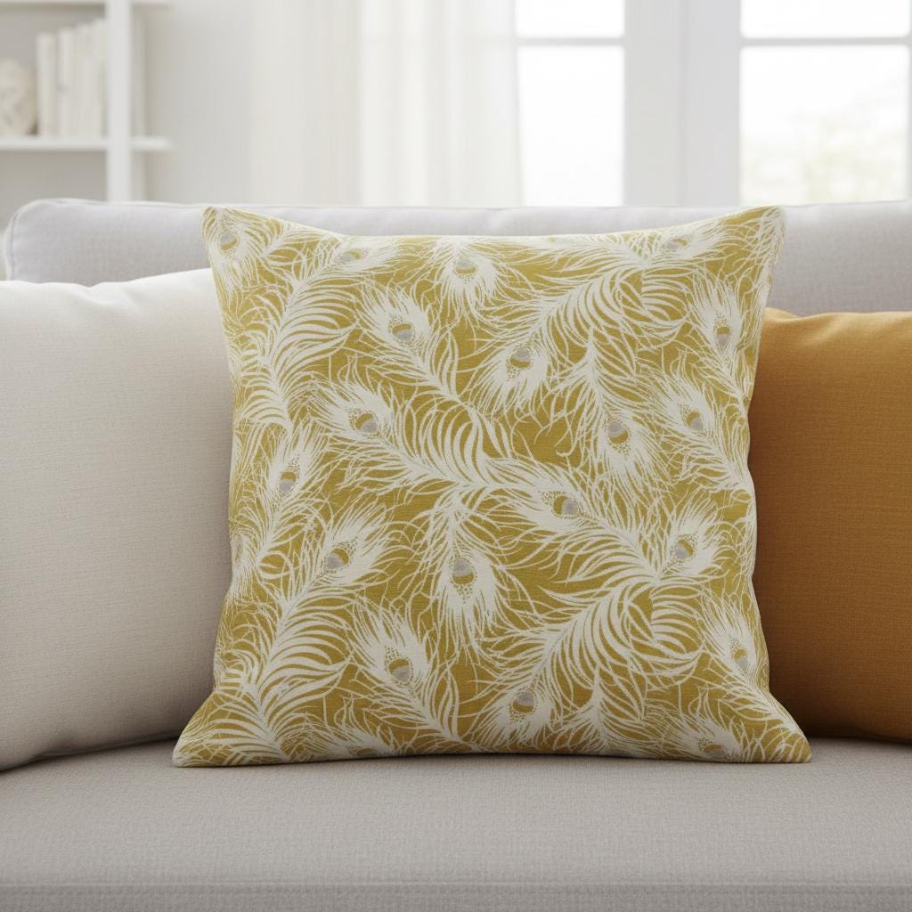 Harper Peacock Feather Ochre Yellow Cushion Cover , Throw Pillow , Handmade UK