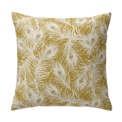 Harper Peacock Feather Ochre Yellow Cushion Cover , Throw Pillow , Handmade UK