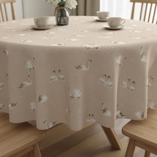Swans Birds Tablecloth , Wildlife Linen Look Table Cloth , Round Oval Rectange
