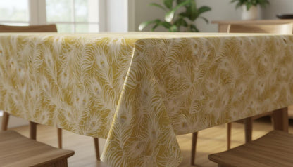 Peacock Feather Ochre Yellow Tablecloth , Round Oval Rectangle