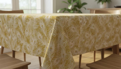Peacock Feather Ochre Yellow Tablecloth , Round Oval Rectangle