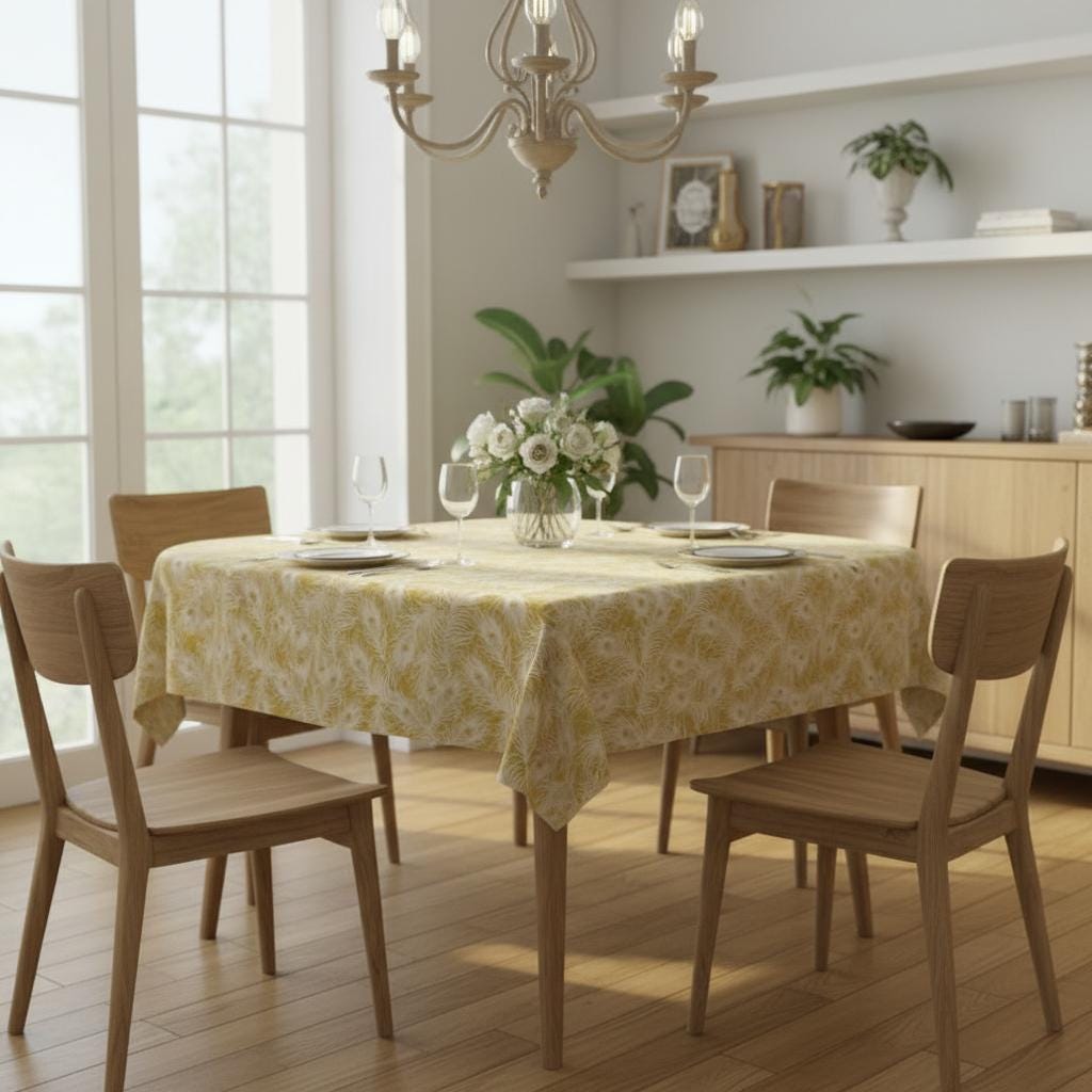 Peacock Feather Ochre Yellow Tablecloth , Round Oval Rectangle