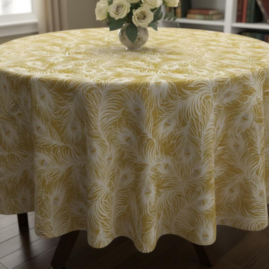 Peacock Feather Ochre Yellow Tablecloth , Round Oval Rectangle