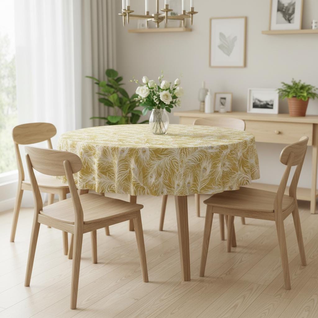 Peacock Feather Ochre Yellow Tablecloth , Round Oval Rectangle