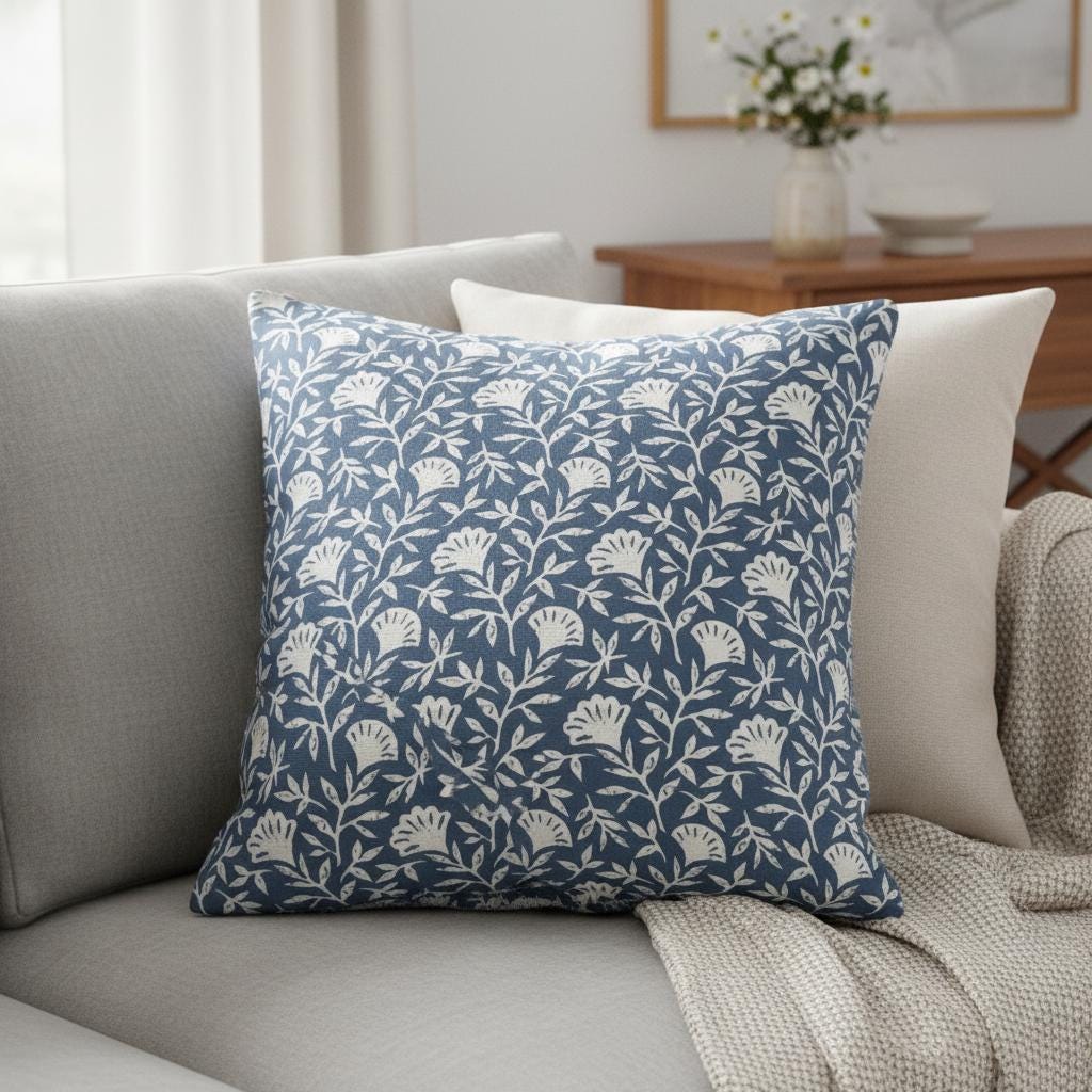 Floral Melby Midnight Blue Cushion Cover , Handmade Cotton Throw Pillow
