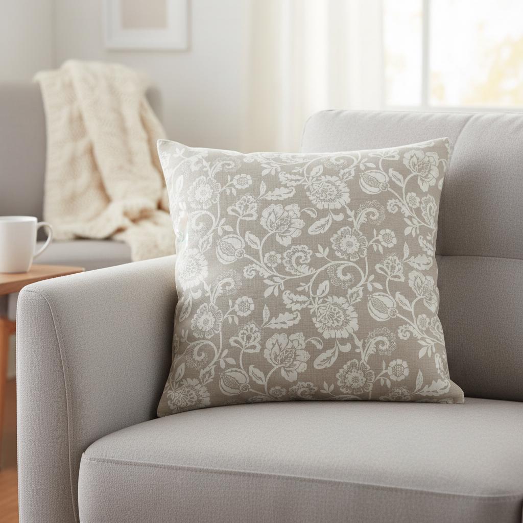 Eliza Tapestry Floral Cushion Cover , Natural Beige Cotton Throw Pillow , Handmade UK