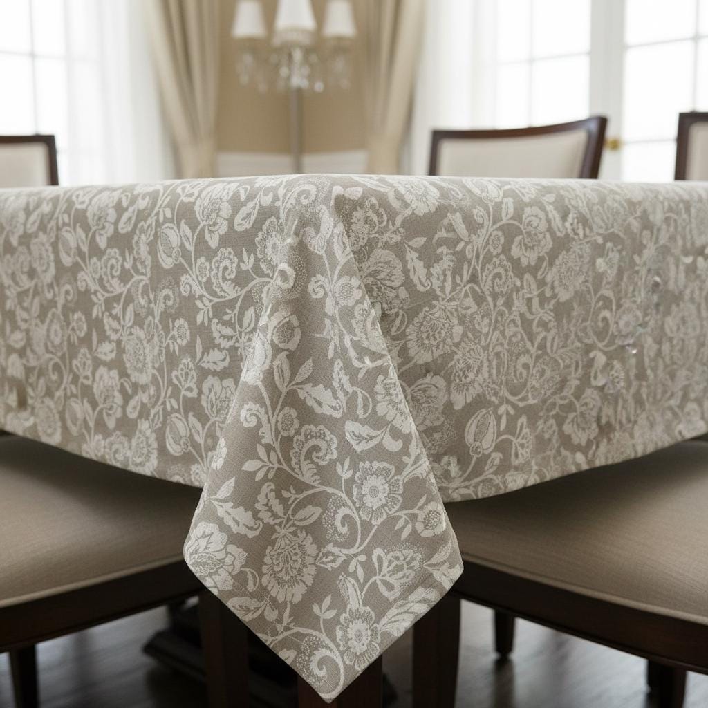Eliza Tapestry Flowers Natural Tablecloth , Round Oval Rectangle , Handmade UK