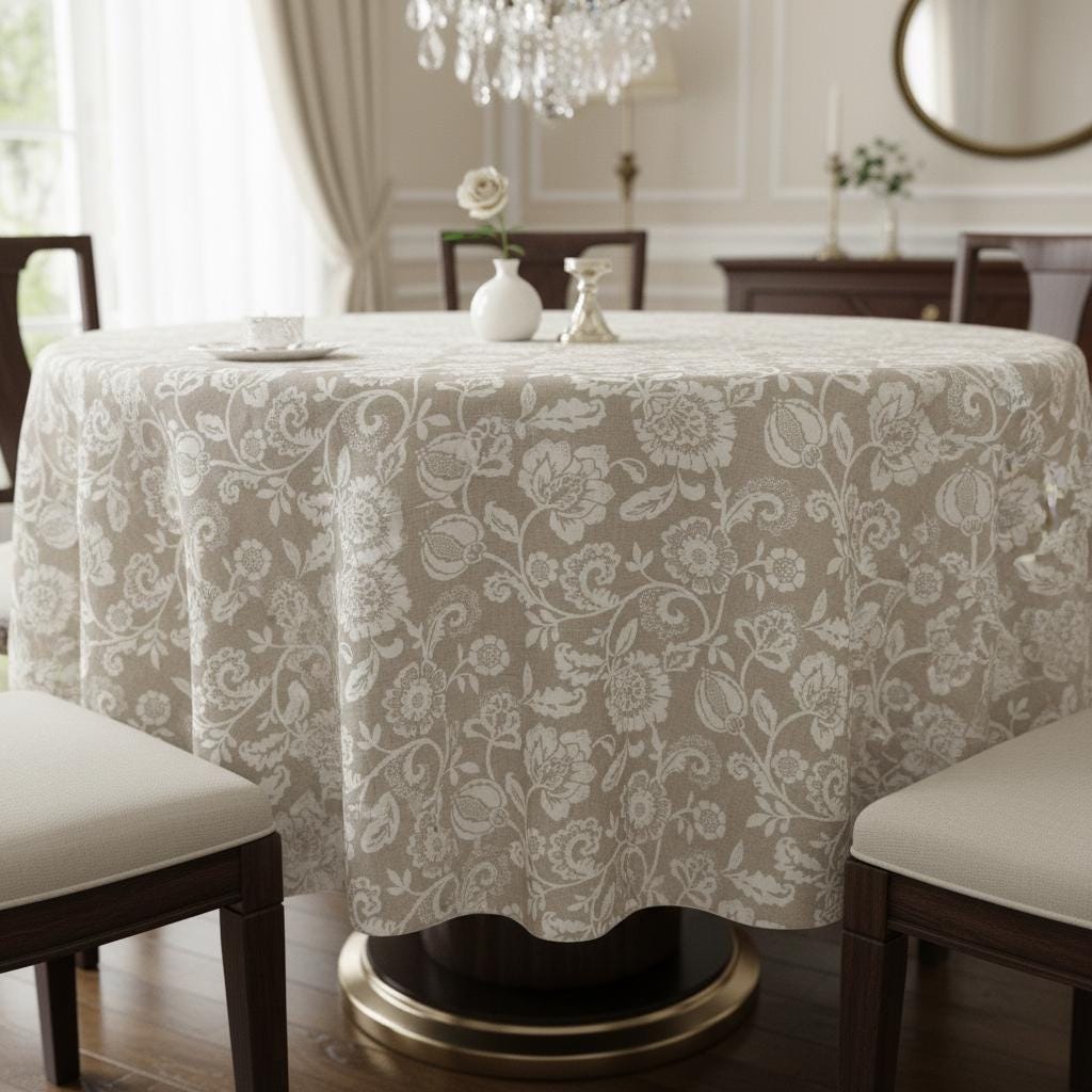 Eliza Tapestry Flowers Natural Tablecloth , Round Oval Rectangle , Handmade UK