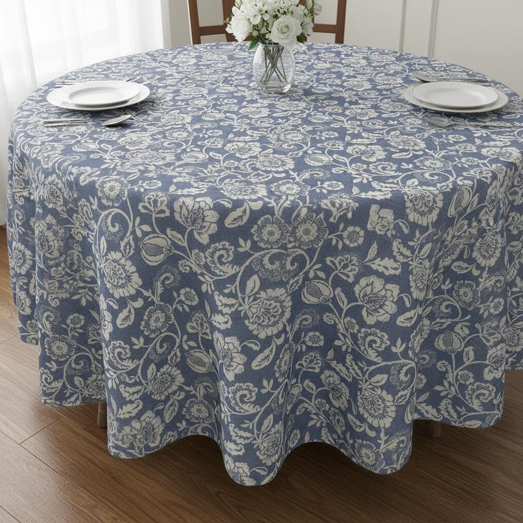 Eliza Tapestry Flowers Chambray Tablecloth , Round Oval Rectangle , Handmade UK