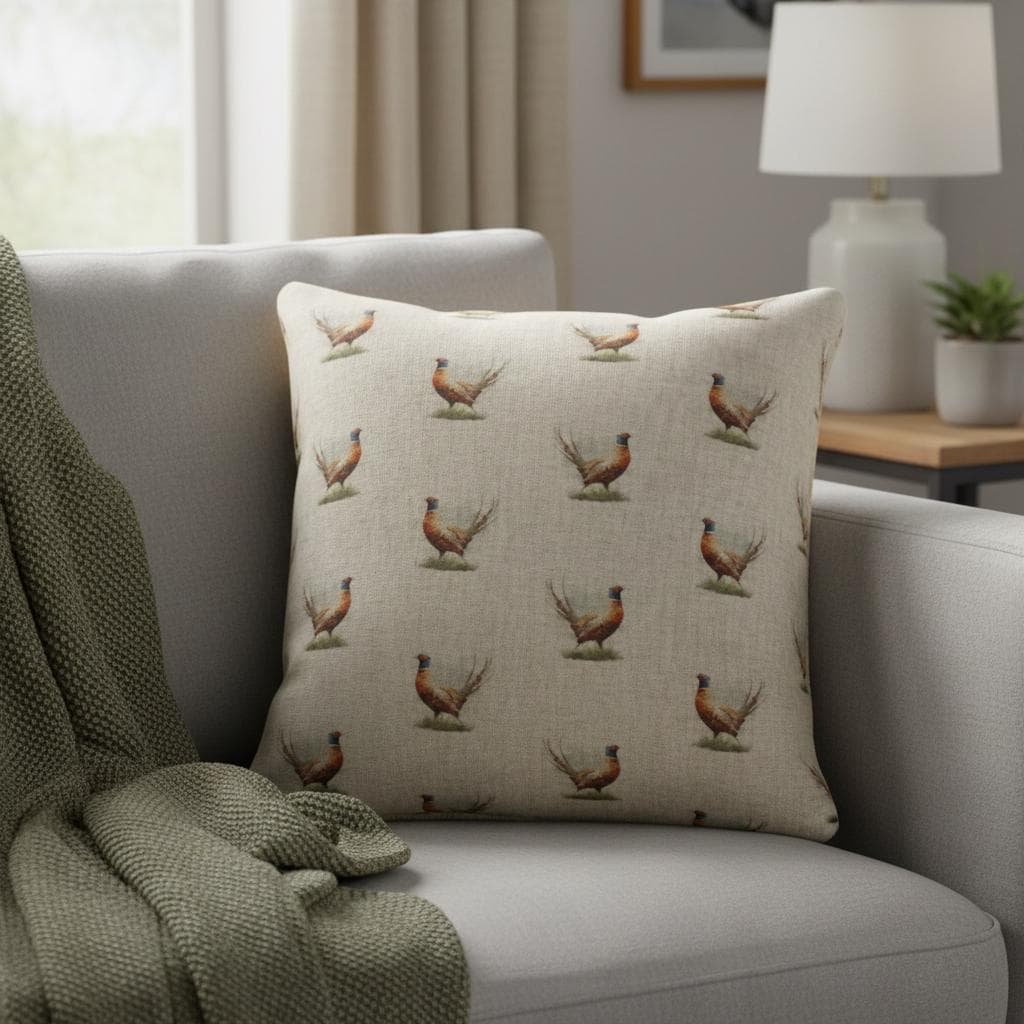 Rustic Pheasant Pattern Cushion Cover , Beige Cotton Throw Pillow , Handmade UK