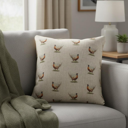 Rustic Pheasant Pattern Cushion Cover , Beige Cotton Throw Pillow , Handmade UK