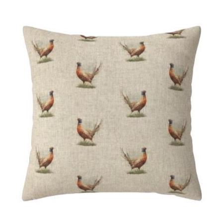Rustic Pheasant Pattern Cushion Cover , Beige Cotton Throw Pillow , Handmade UK