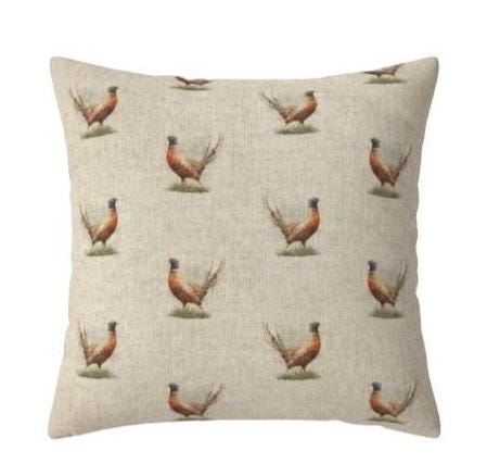Rustic Pheasant Pattern Cushion Cover , Beige Cotton Throw Pillow , Handmade UK