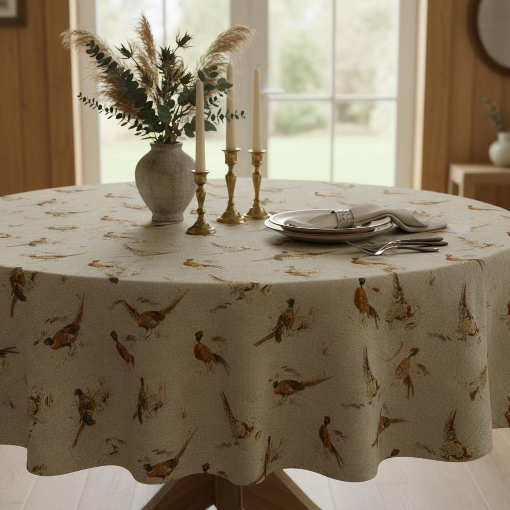 Rustic Pheasant Pattern Beige Tablecloth , Round Oval Square Rectangle , Handmade UK