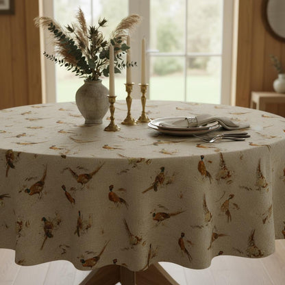 Rustic Pheasant Pattern Beige Tablecloth , Round Oval Square Rectangle , Handmade UK