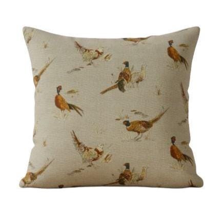 Rustic Pheasant Pattern Cushion Cover , Beige Throw Pillow , Handmade UK