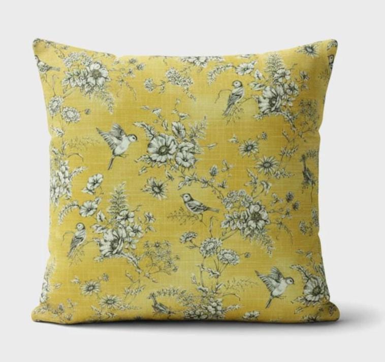 ILiv Finch Toile Yellow Buttercup Cushion Cover , Bird Floral Throw Pillow , Handmade UK