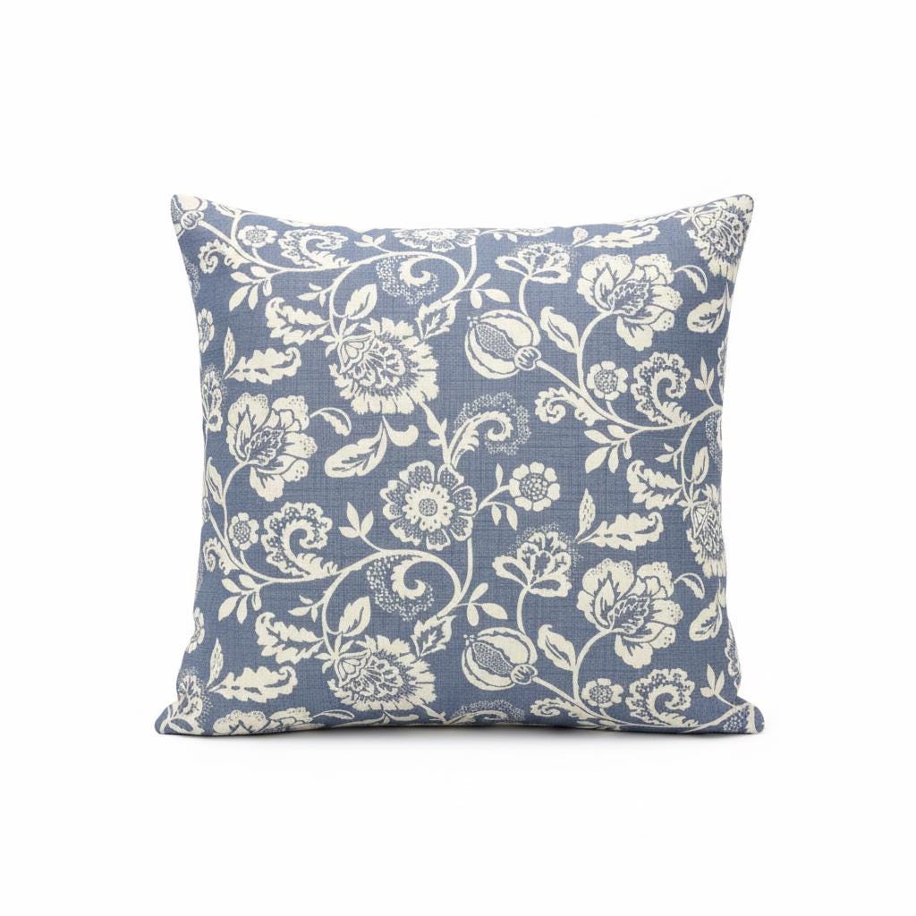 Eliza Tapestry Flowers Cushion Cover , Chambray Blue Throw Pillow , Handmade UK