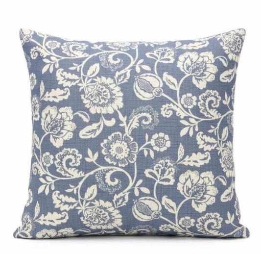 Eliza Tapestry Flowers Cushion Cover , Chambray Blue Throw Pillow , Handmade UK