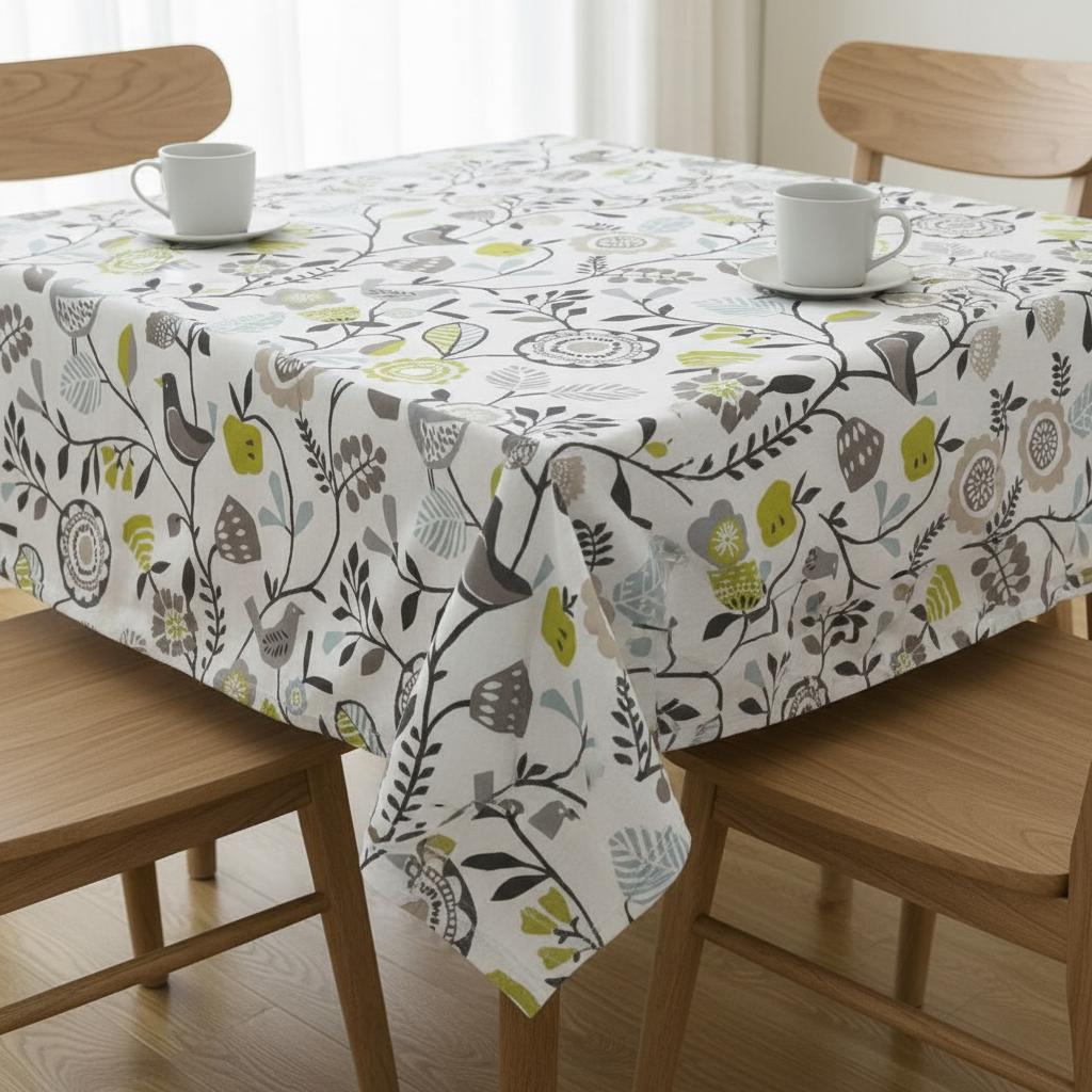 Scandi Birds Tablecloth , Folki Chartreuse Charcoal Table Cover , Round Oval Square Rectangle Square , Handmade UK