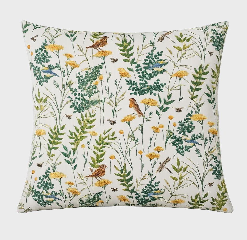 Gardenia Summer Birds Floral Cushion Cover , Handmade Cotton Throw Pillow UK