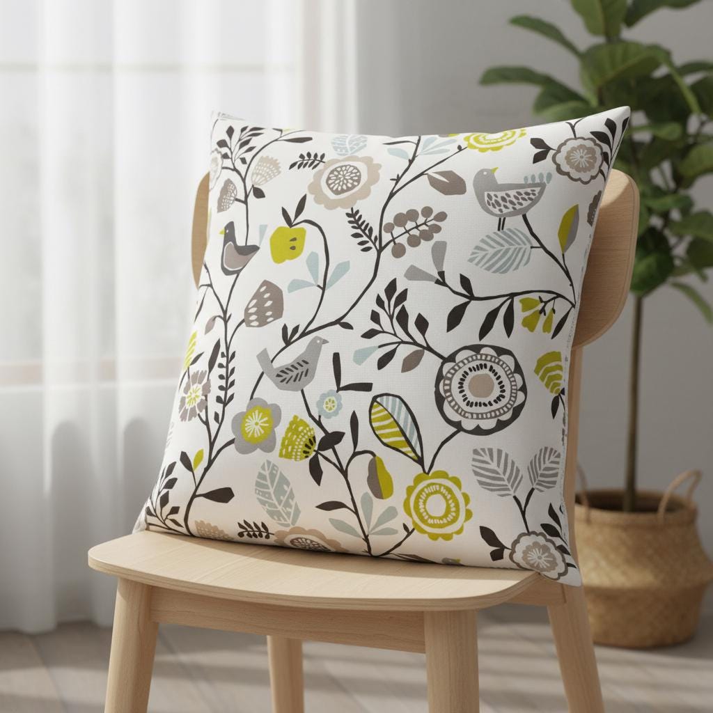 Folki Scandi Cushion Cover Bird Floral Chartreuse Charcoal Green , Handmade UK