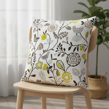 Folki Scandi Cushion Cover Bird Floral Chartreuse Charcoal Green , Handmade UK