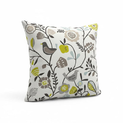 Folki Scandi Cushion Cover Bird Floral Chartreuse Charcoal Green , Handmade UK