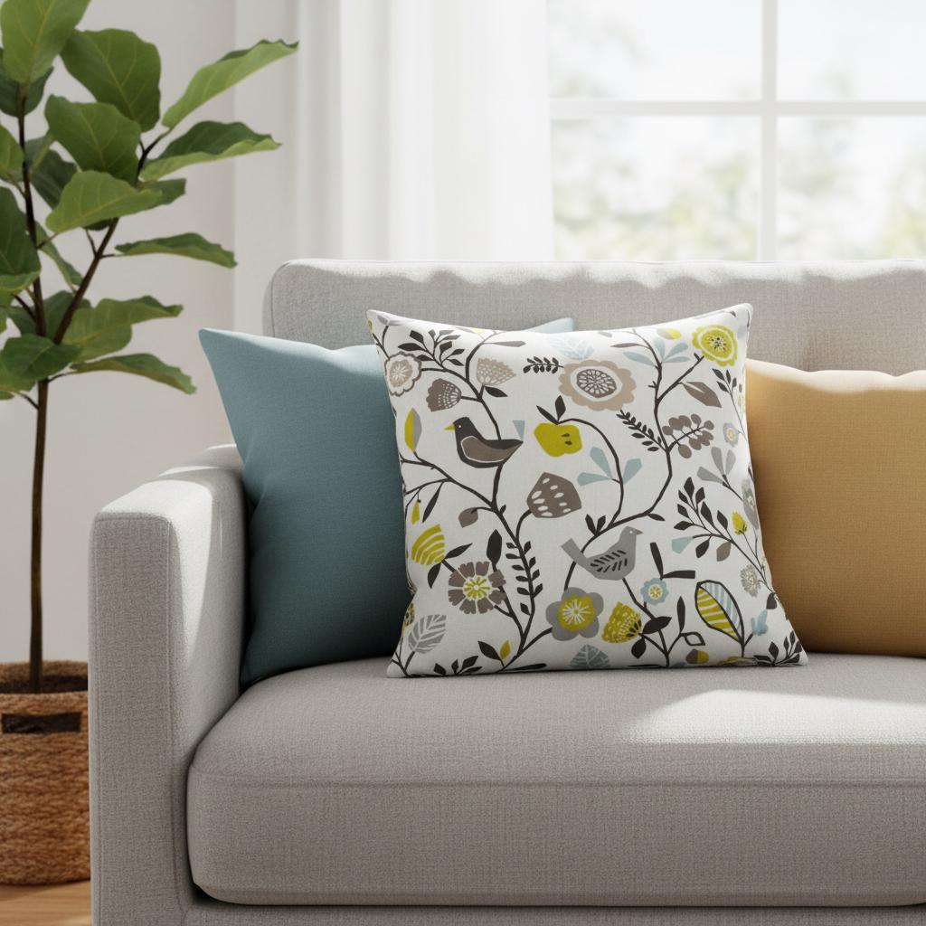 Folki Scandi Cushion Cover Bird Floral Chartreuse Charcoal Green , Handmade UK