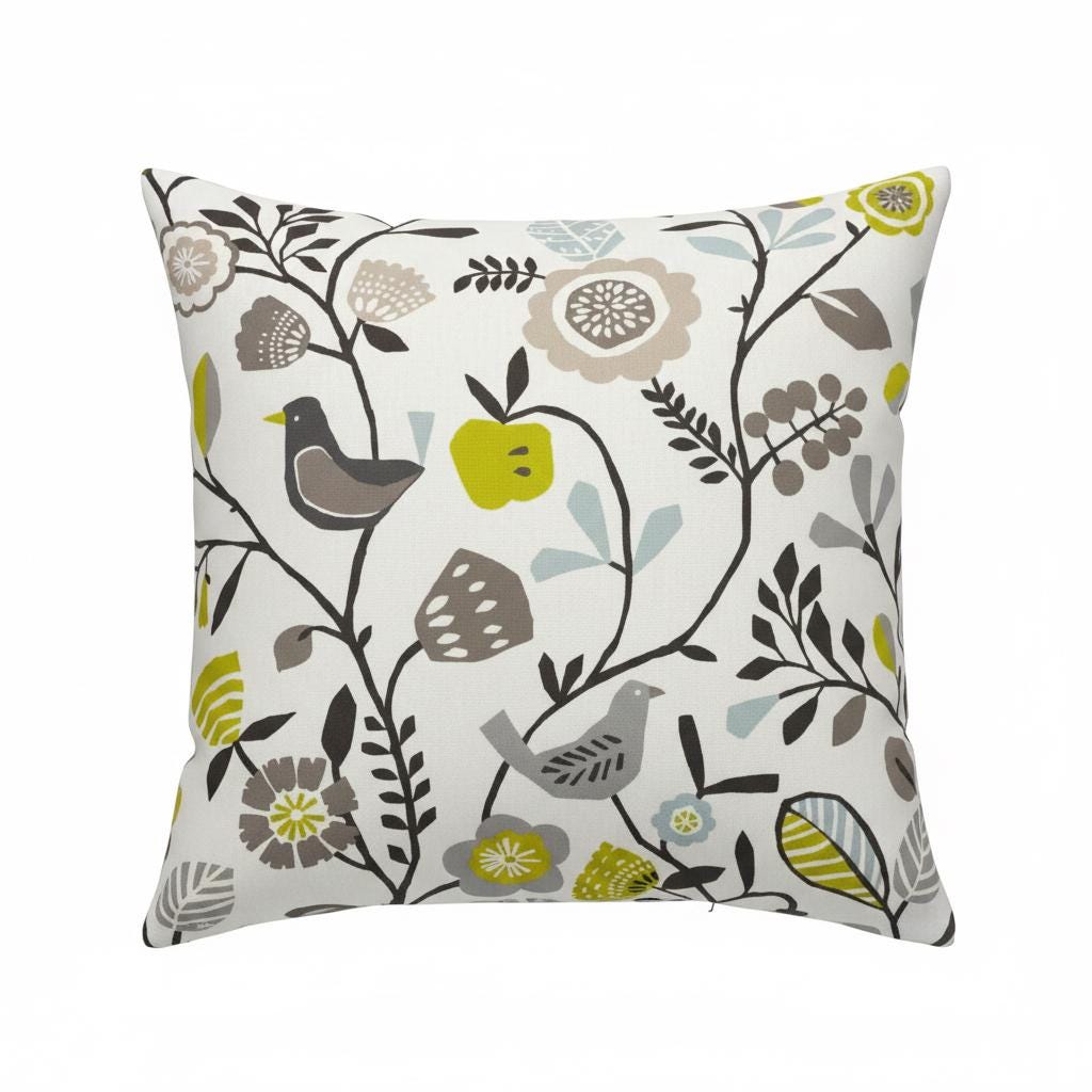 Folki Scandi Cushion Cover Bird Floral Chartreuse Charcoal Green , Handmade UK